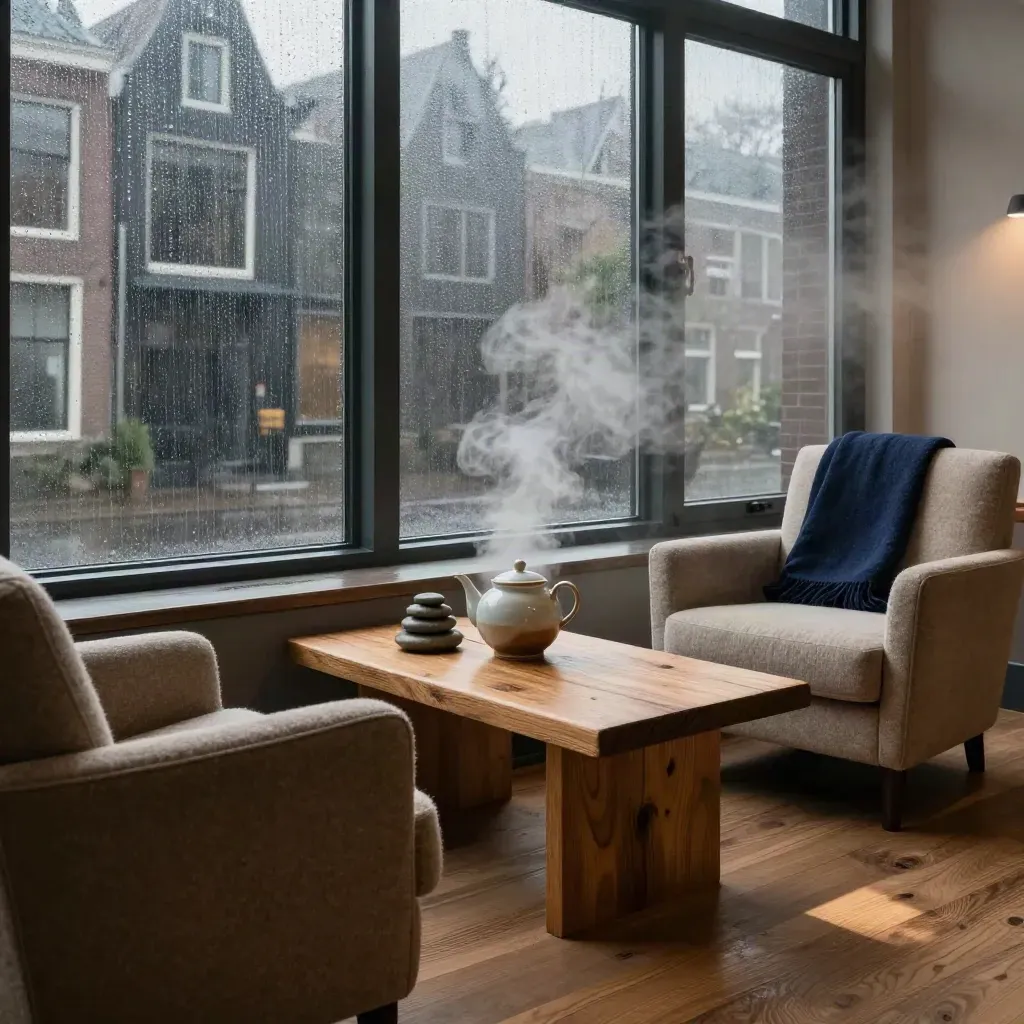 Stille workshoplounge met stoelen, theeset en regen op het glas.