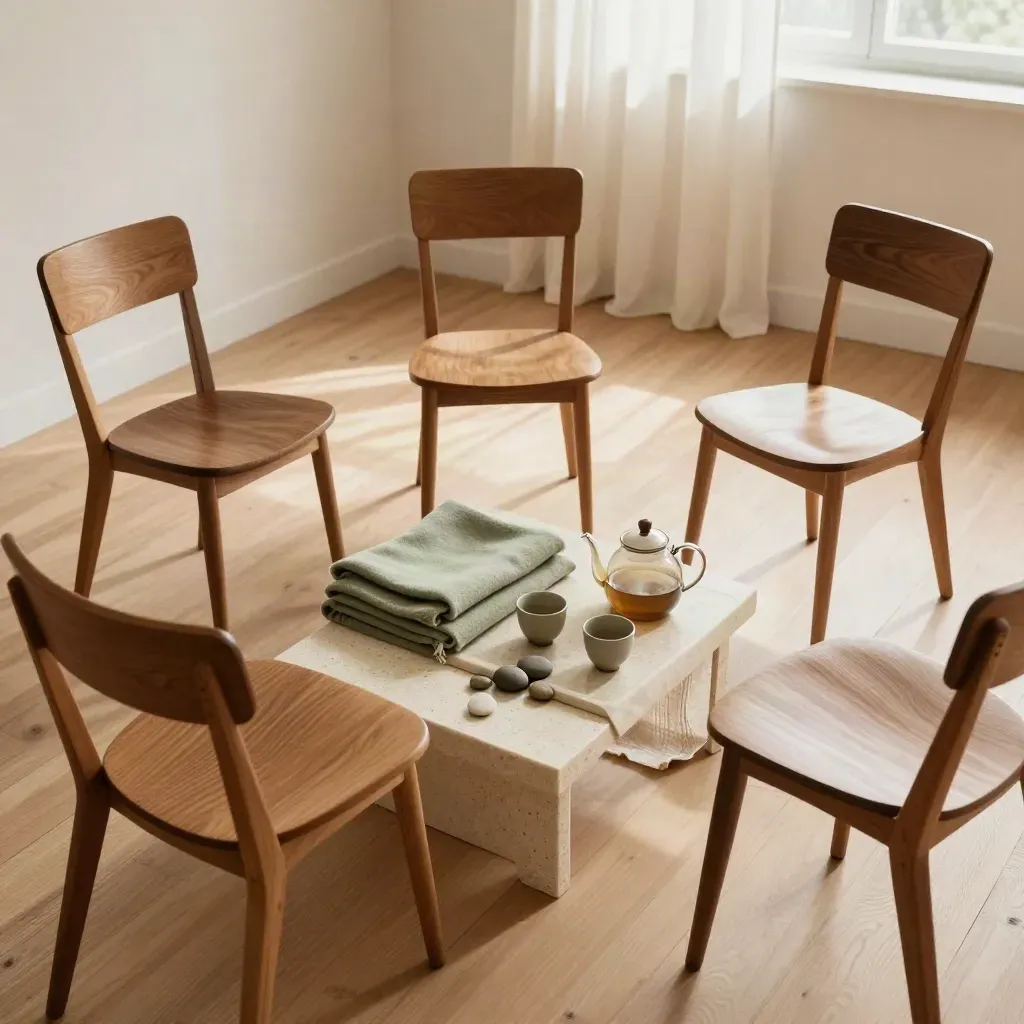 Open cirkel van stoelen met thee en plaid in een rustige vergaderruimte