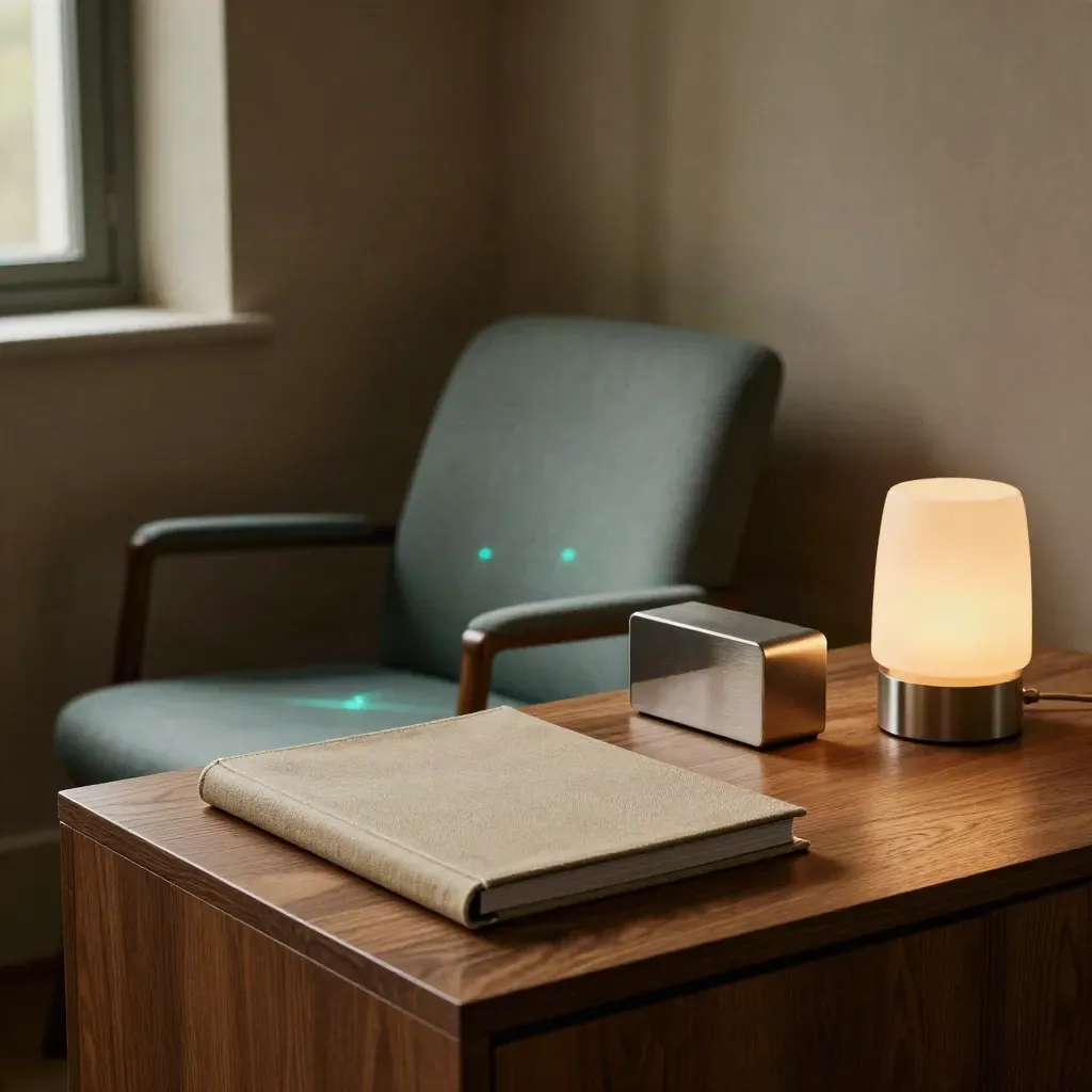 Leidinggevende steun in een stille hoek met stoel, map, timer en lamp in warm schemerlicht.