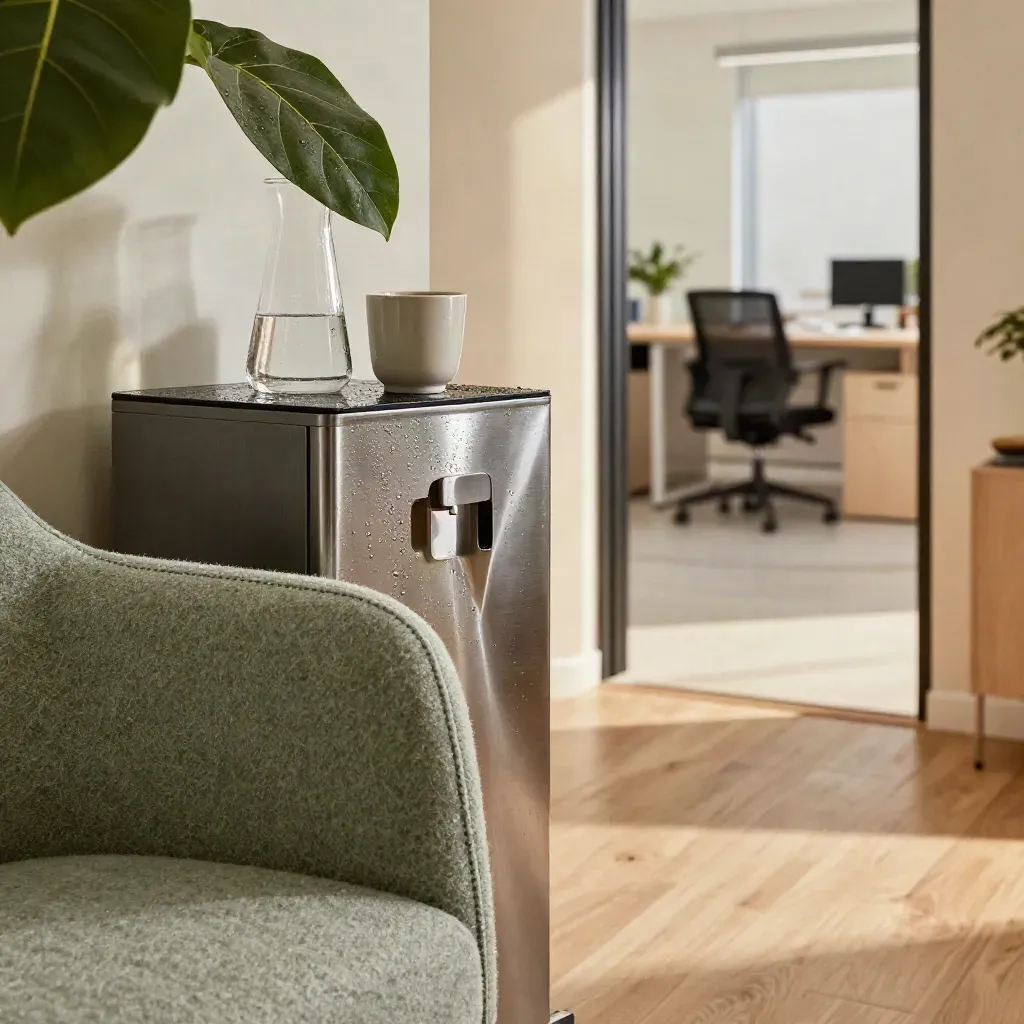 Close-up van een rustige kantoorhoek met stoelen, waterstation en plant na de workshops.