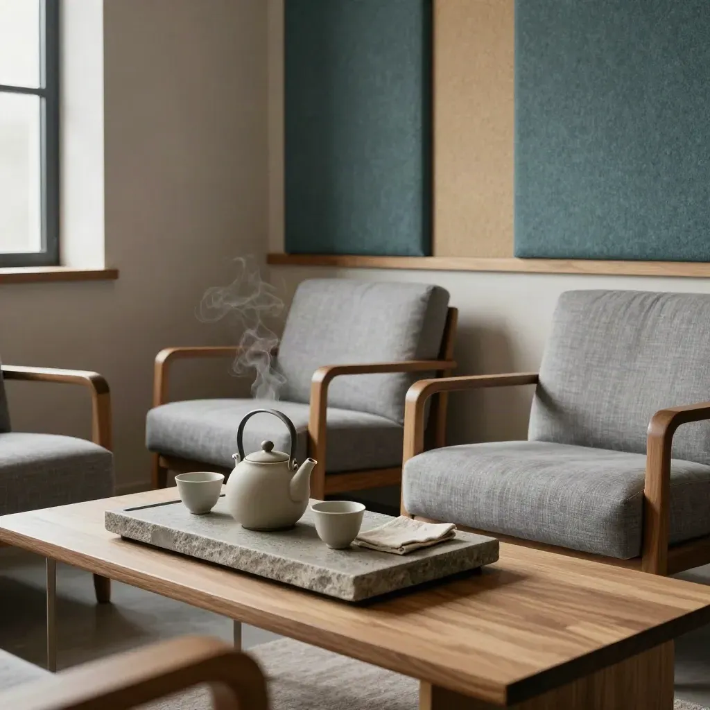 Stille personeelslounge met theetray, zachte fauteuils en gedempte akoestische panelen.