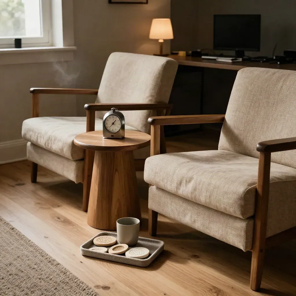 Gezellige gesprekshoek voor managers met stoelen, timer en tooltray in warm zandlicht.