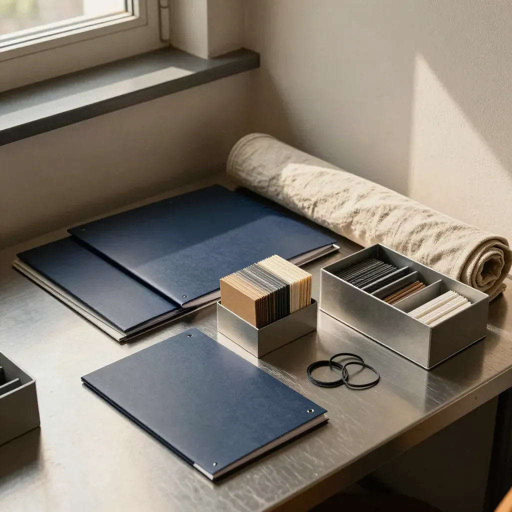 Bovenaanzicht van een nette HR-werkbox met mappen, kaarten en een resourcebox in rustige tinten.