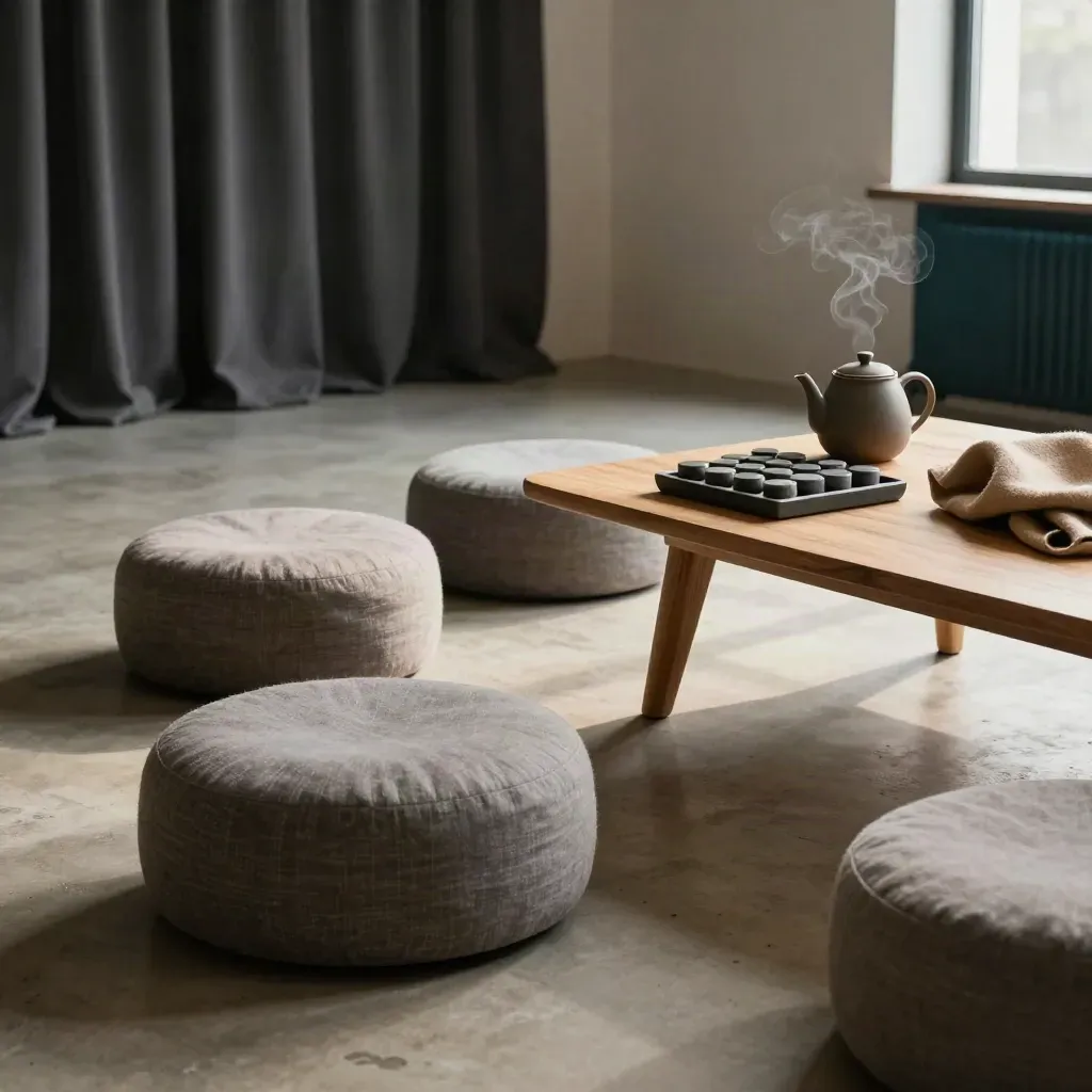 Lege workshopruimte met lage tafel, stoelen en gesprekstenen in sfeervol licht.