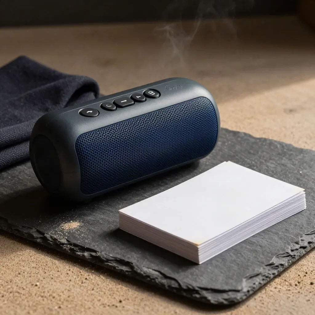 Bovenaanzicht van speaker, clicker en cuekaarten op leisteen voor een trainingssessie.