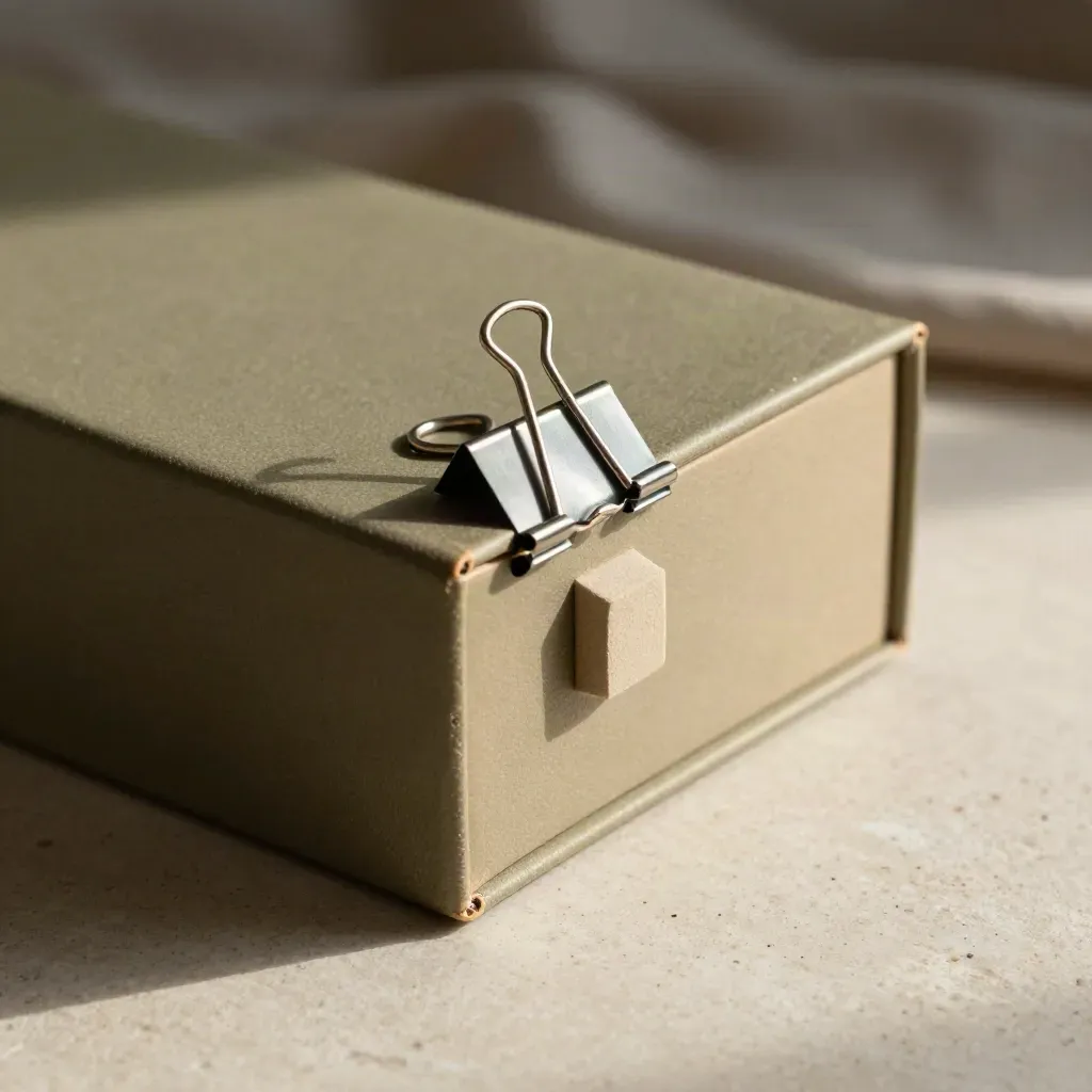 Close-up van een dossierdoos met binders op lichte steen, in rustige neutrale tinten.