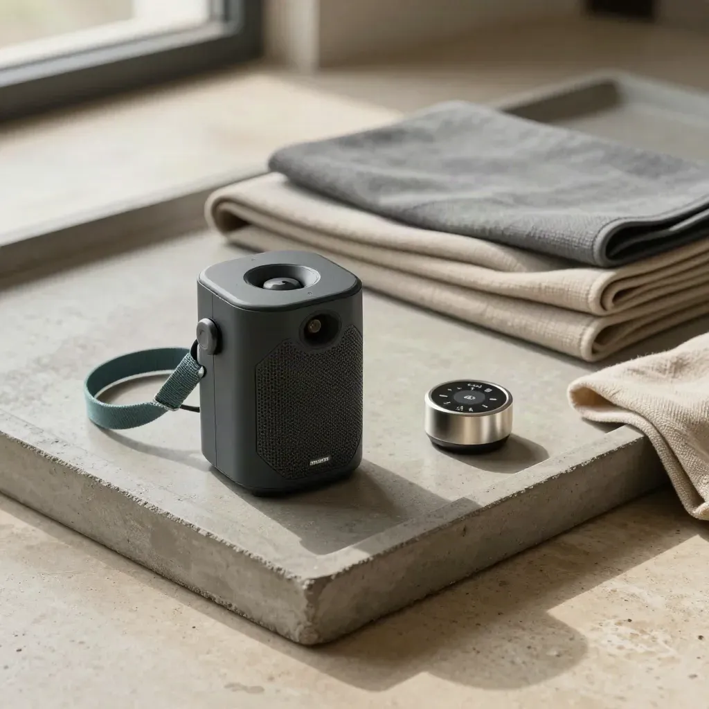 Draagbare speaker, timer en opgevouwen matten op een betonnen tray in rustig workshoplicht.