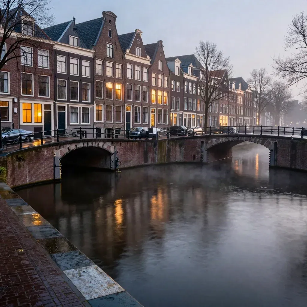 Mistige Randstad met grachten, bakstenen gevels en een lage bruglijn bij blauw uur na regen.