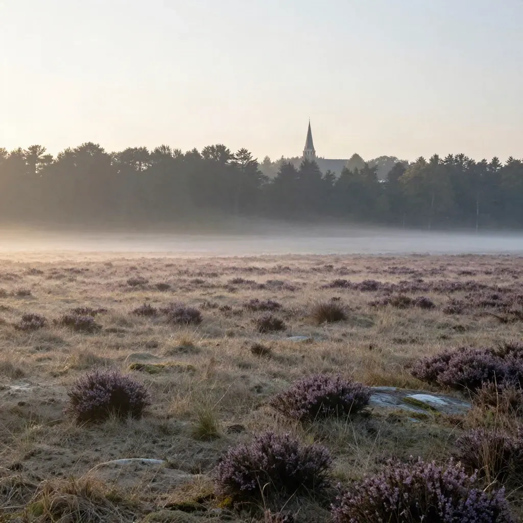 Beboste heuvel, heide en verre kerktoren in zachte ochtendlucht, veel rustige ruimte onderin.