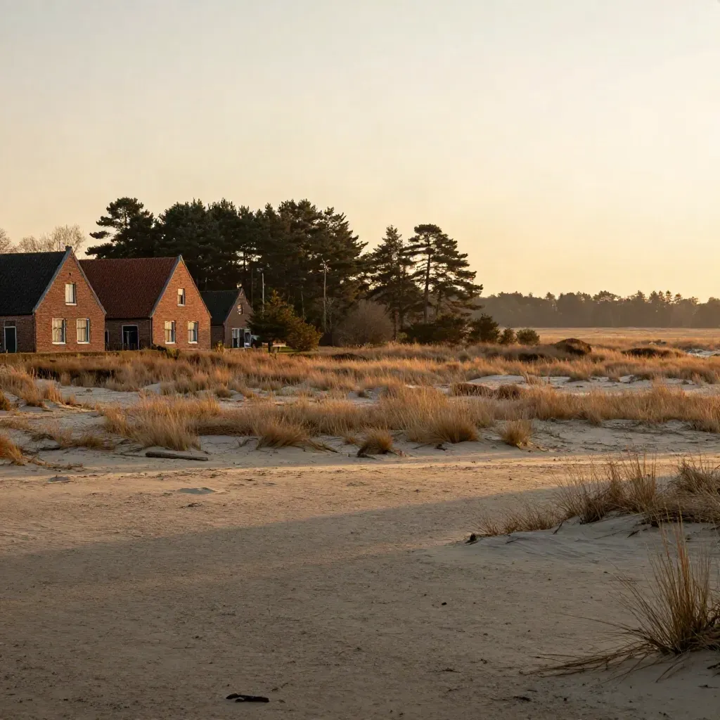 Gouden uur in Noord-Brabant met zandige horizon, roodstenen dorpsrand en dennenlijn.