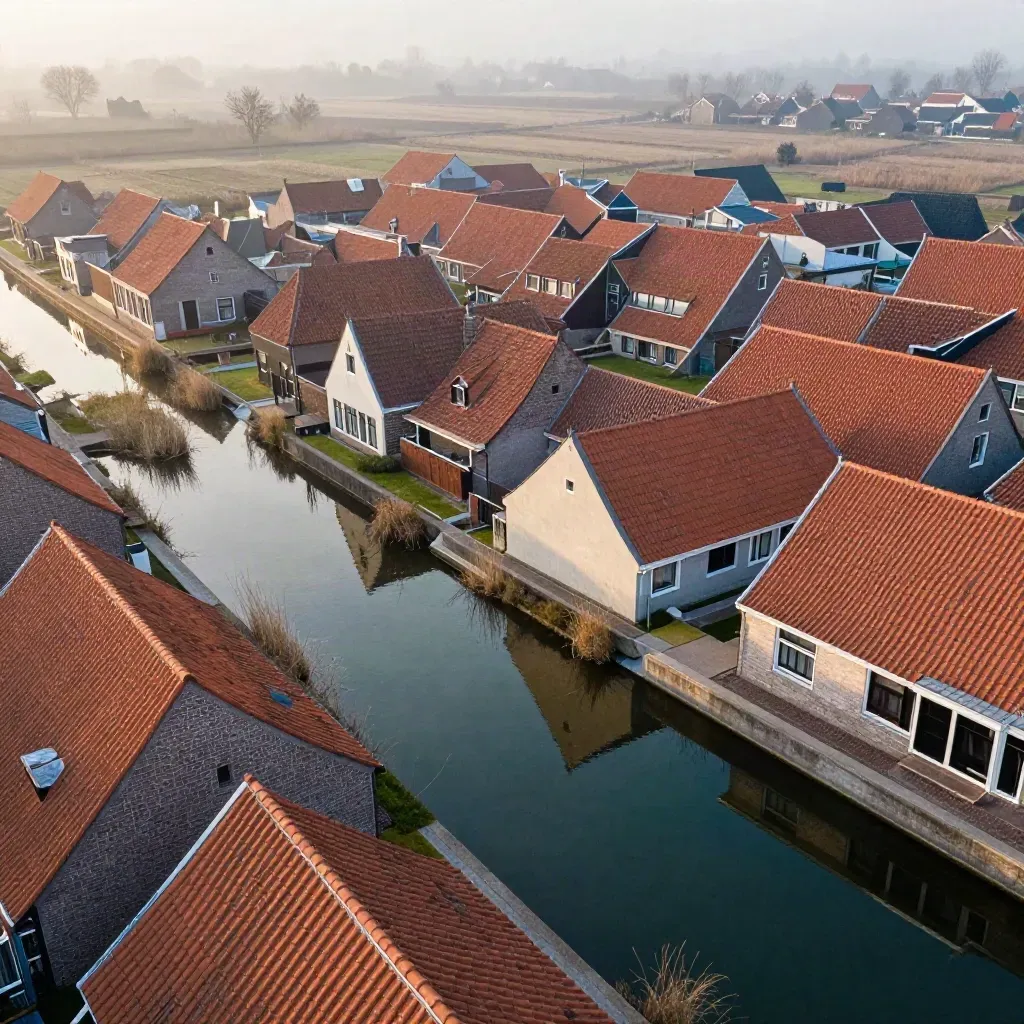 Hoge, mistige Nederlandse daklandschappen met watergangen in warm avondlicht